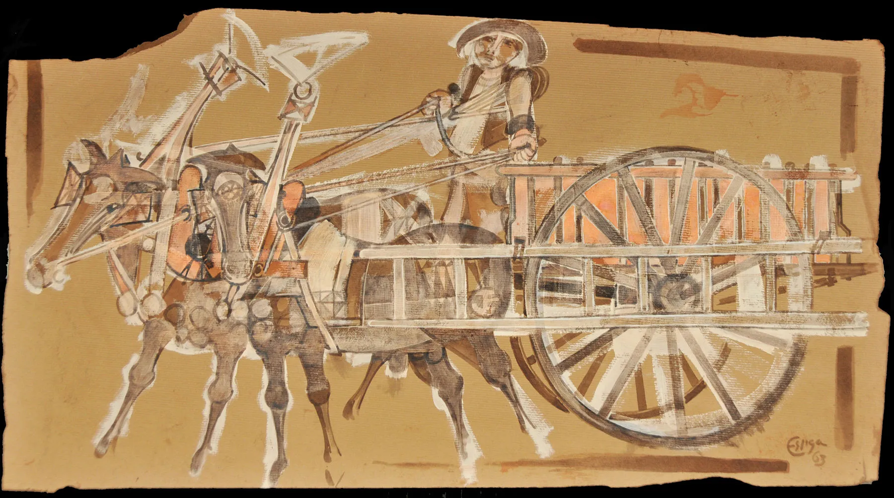Camponês com carro de cavalos em Festa, Espiga Pinto, 1963, Mixed media on paper