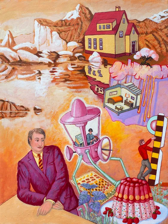Ataque ao pudim de gelatina com a cumplicidade do Presidente da Câmara, Carlos Carreiro, 2023, Acrylic on canvas