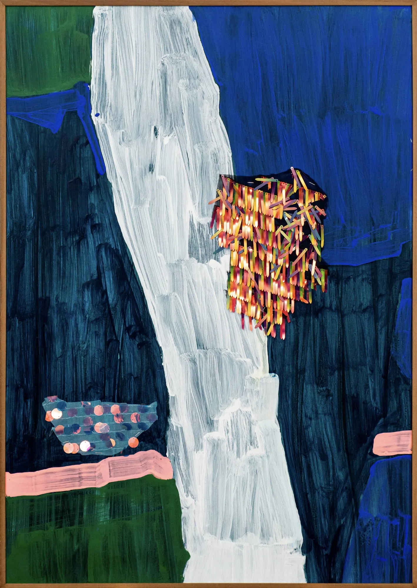 Sentir muito, até não sentir mais nada, Maísa Champalimaud, 2026, Acrylic and sequins on paper in an embero box frame