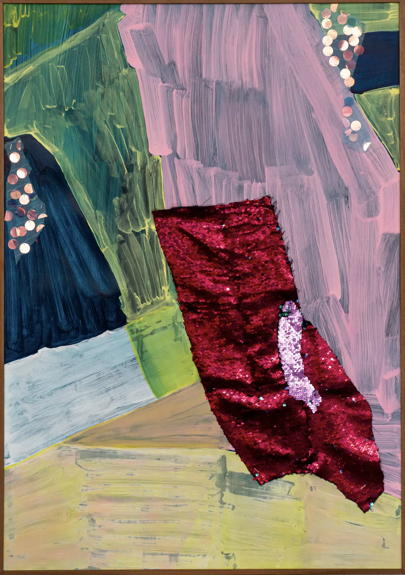 Que bom que deu errado, Maísa Champalimaud, 2026, Acrylic and sequins on paper in an embero box frame