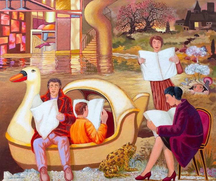 Lendo jornais sem letras, Carlos Carreiro, 2024, Acrylic on canvas