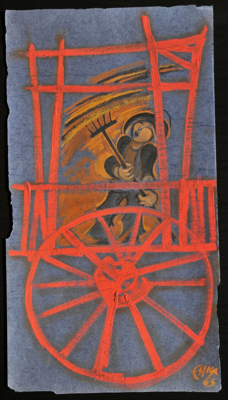 Camponês no carro da palha, Espiga Pinto, 1965, Mixed media on paper
