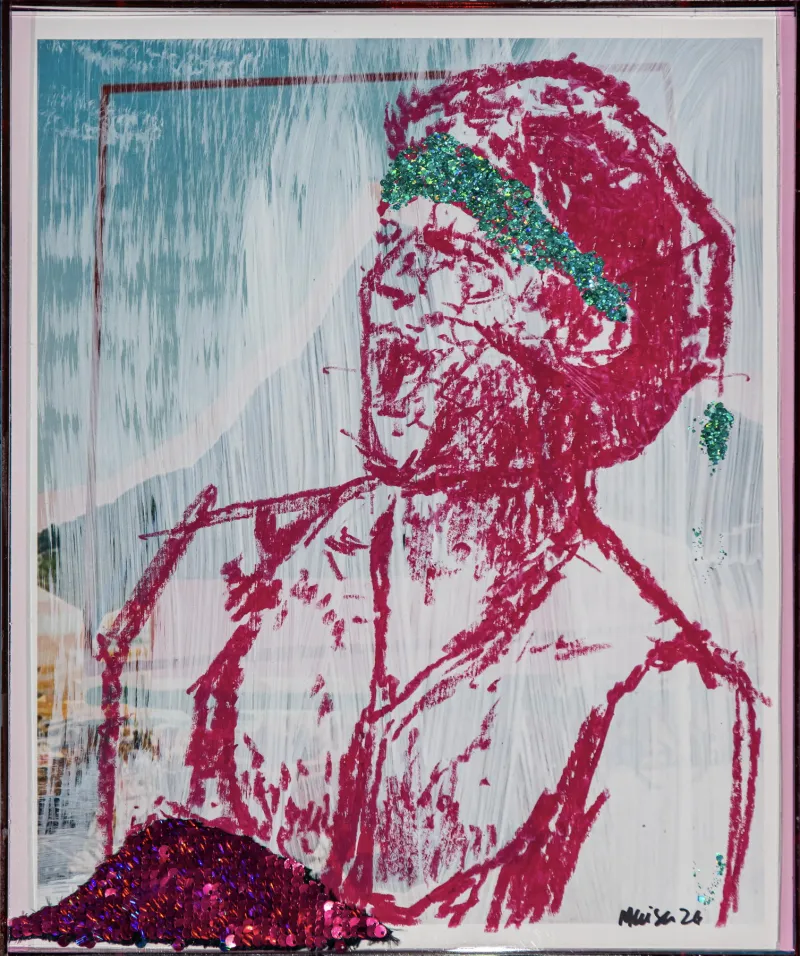 Cazuza, Maísa Champalimaud, 2026, Glitter lipstick and other materials on paper print